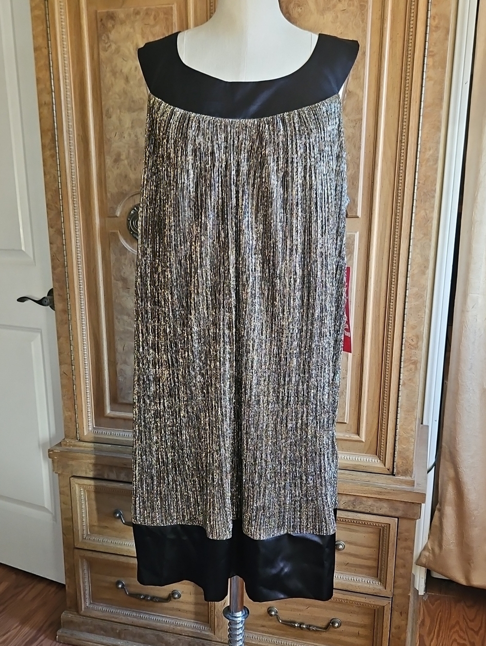 Enfocus Studio Black and Gold Metallic Mini Dress With Black Satin Trim And Bow.